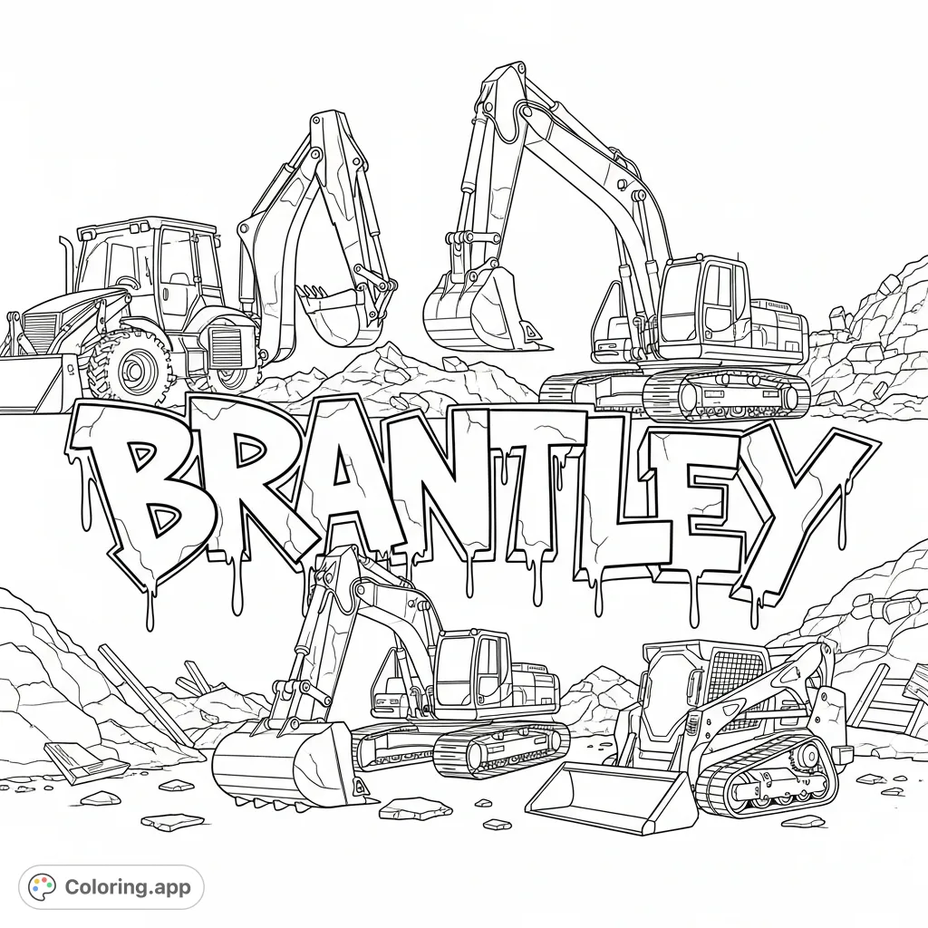 Dynamic street-art graffiti for "Brantley" amidst detailed construction vehicles like an excavator, backhoe, and skid steer in a rubble-filled zone.