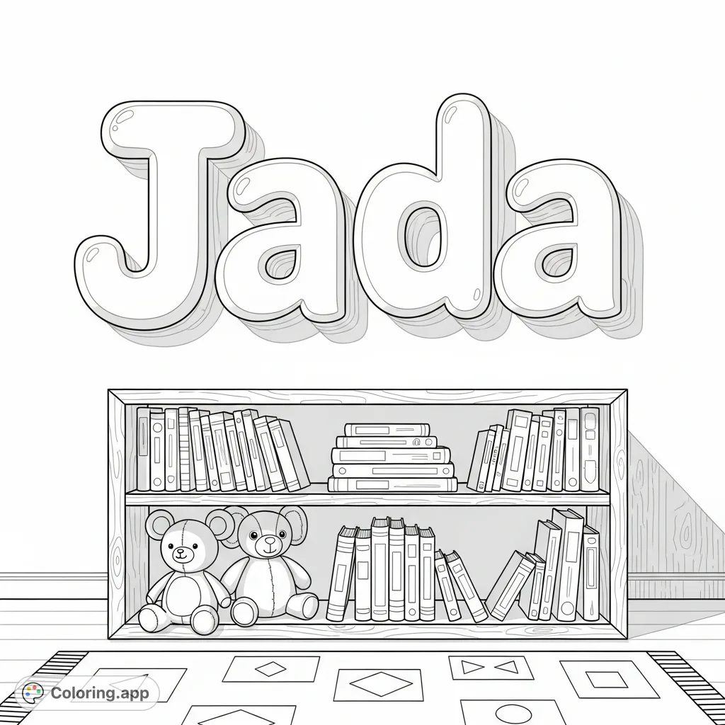 A charming coloring page featuring robust bubble letters spelling "Jada" on a wall, a wooden shelf with storybooks and plush toys, and a patterned rug.