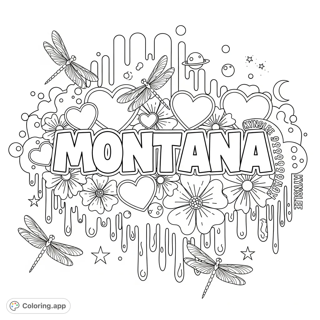 Discover a dynamic graffiti art coloring page featuring the name "Montana" in bold letters, surrounded by hearts, detailed flowers, and hovering dragonflies.