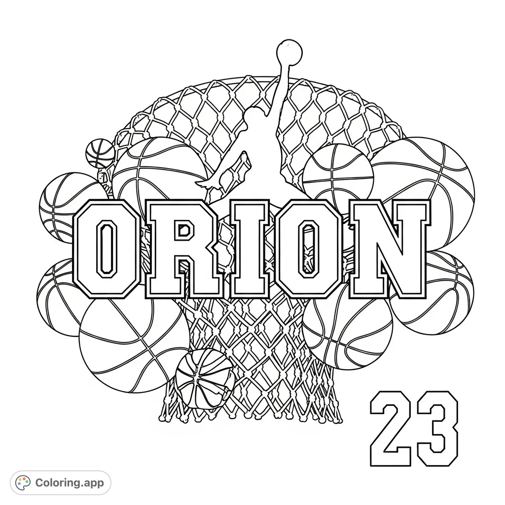 A dynamic sports coloring page featuring the name Orion, basketballs, an iconic Jordan symbol, and a detailed net, perfect for sports enthusiasts.