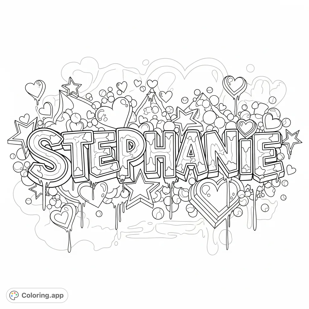 Unleash your creativity with this dynamic "Stephanie" graffiti art, featuring intricate letters, hearts, stars, and urban wall textures. A cool, personalized design!