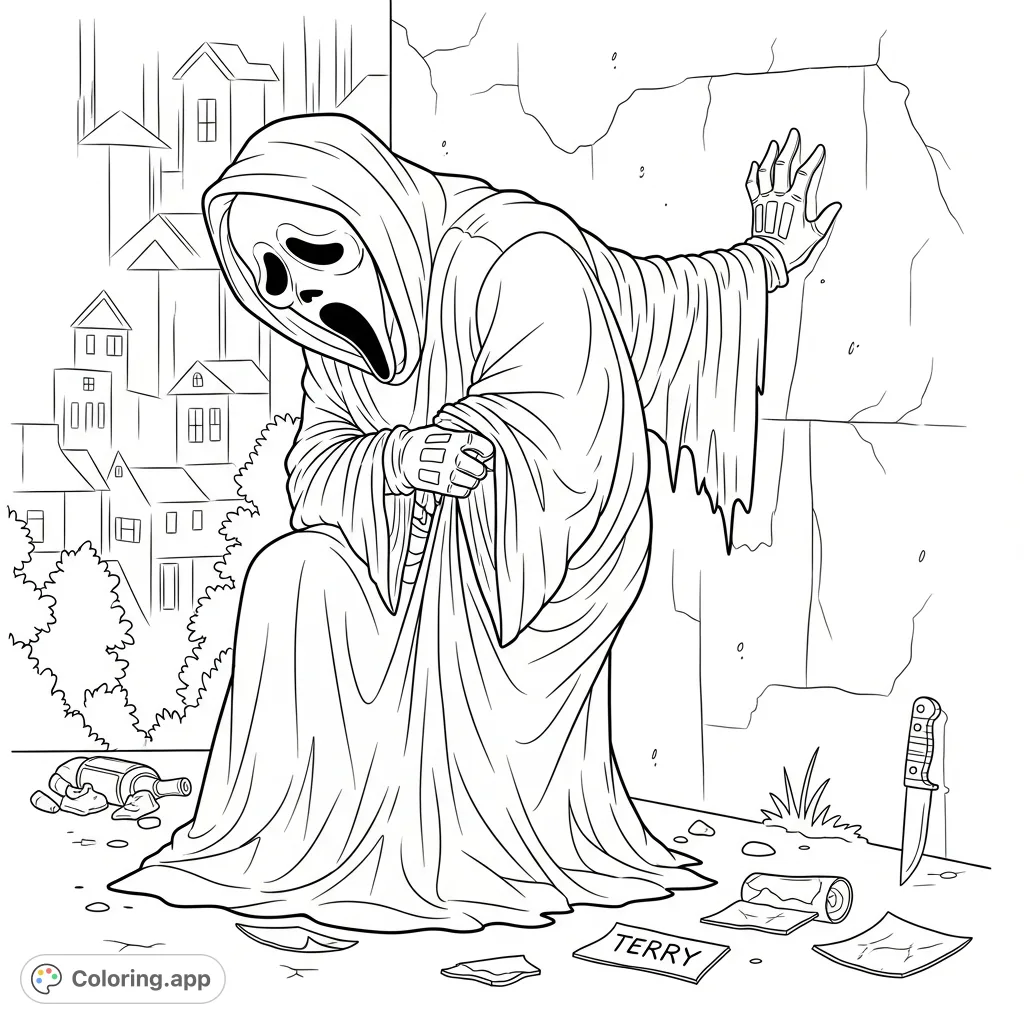 Experience the raw emotion of Ghostface in this unique coloring page, slumped against a textured wall with a tilted mask, surrounded by debris and the name "Terry".