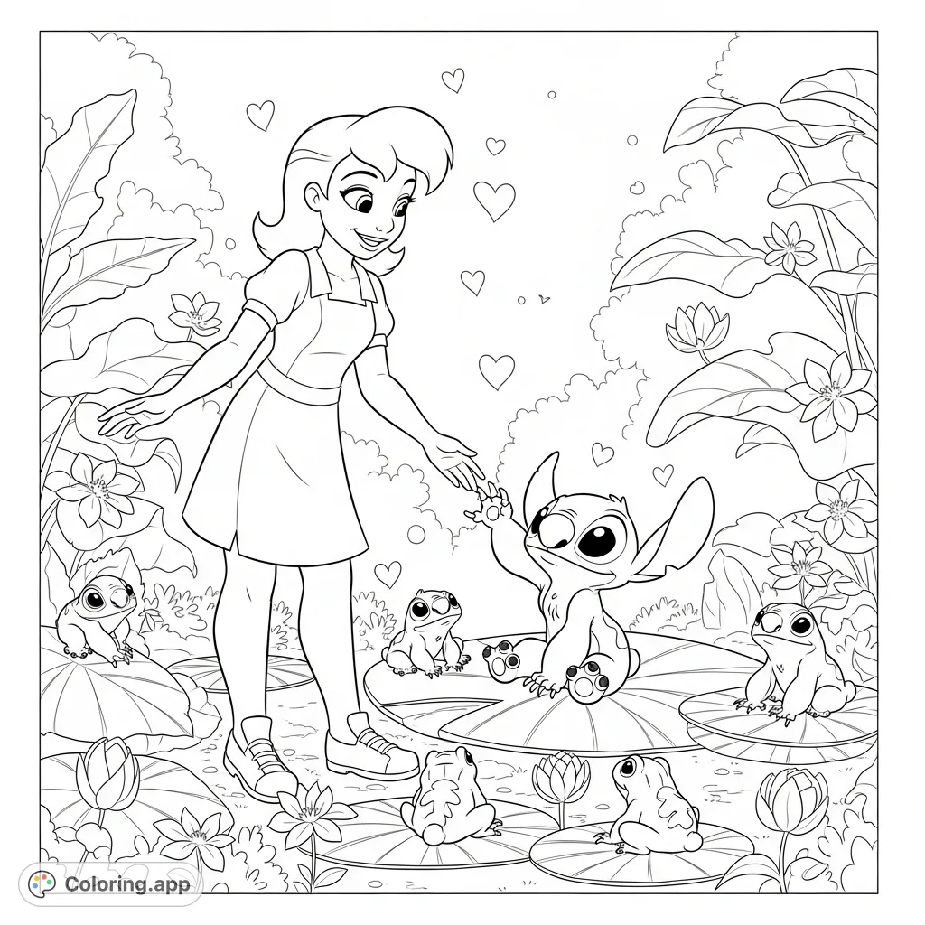 A delightful Ashley and Stitch coloring page featuring Stitch, cheerful Ashley, playful frogs, charming flowers, and whimsical hearts in a lush garden.