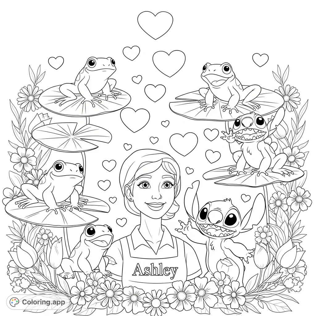 A delightful Ashley, Stitch, frogs, hearts, and flowers coloring page! Enjoy a whimsical scene filled with charm, perfect for creative expression.