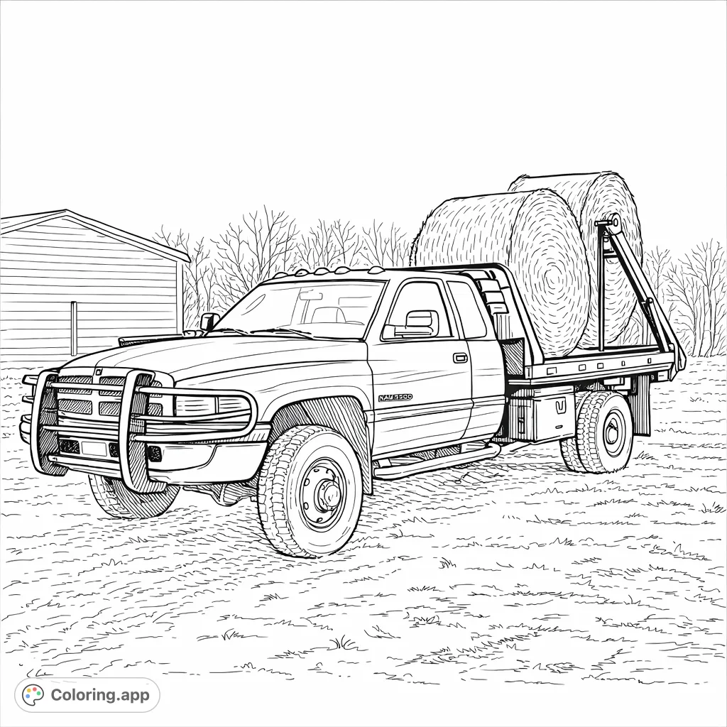 Color a powerful farm truck carrying two large hay bales, set against a rural backdrop. Features intricate details for a satisfying challenge.