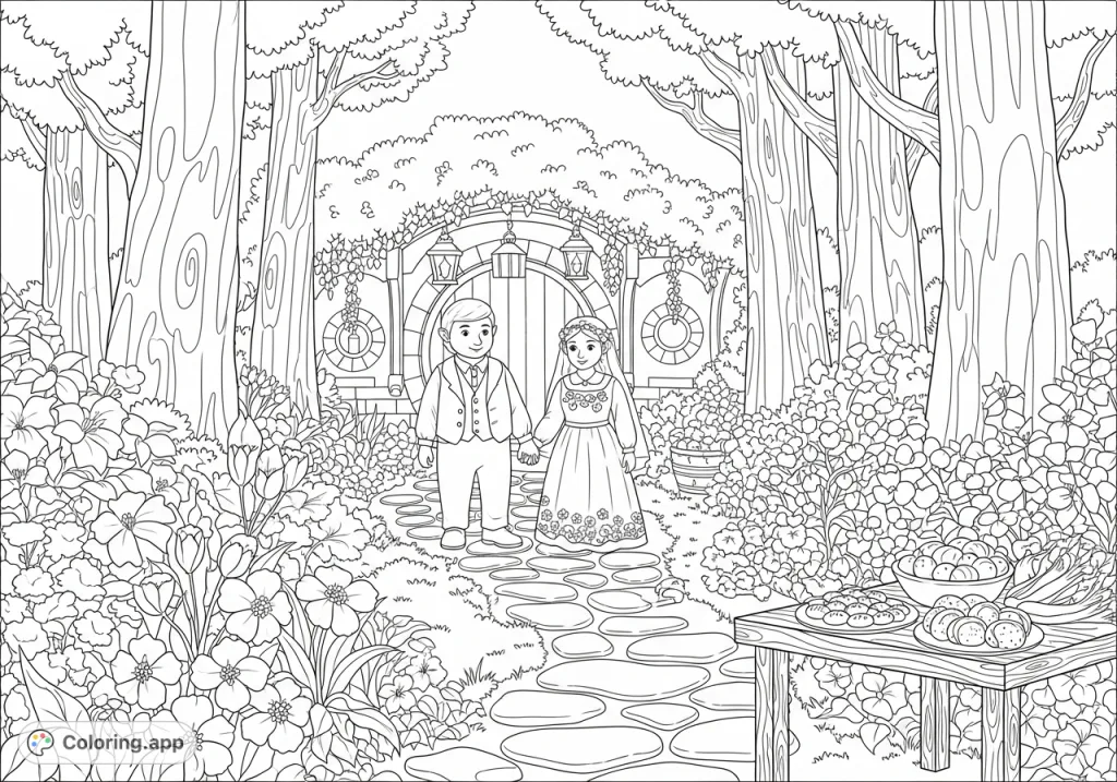 Celebrate a heartwarming Hobbit wedding amidst a beautiful botanical garden. Features a joyous couple, a whimsical hobbit-hole, and lush flora.