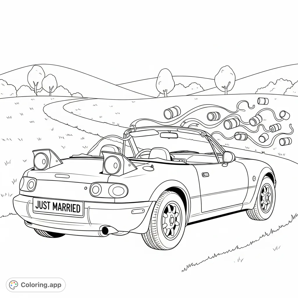 Celebrate love with a classic Mazda Miata, featuring popup headlights and "JUST MARRIED" decorations. A fun and nostalgic car coloring page!