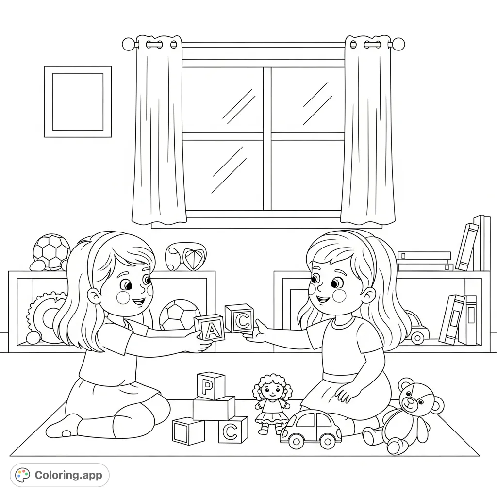 Two happy girls share toys and laughter in a vibrant playroom scene, fostering imagination and friendship. A delightful free printable coloring page.
