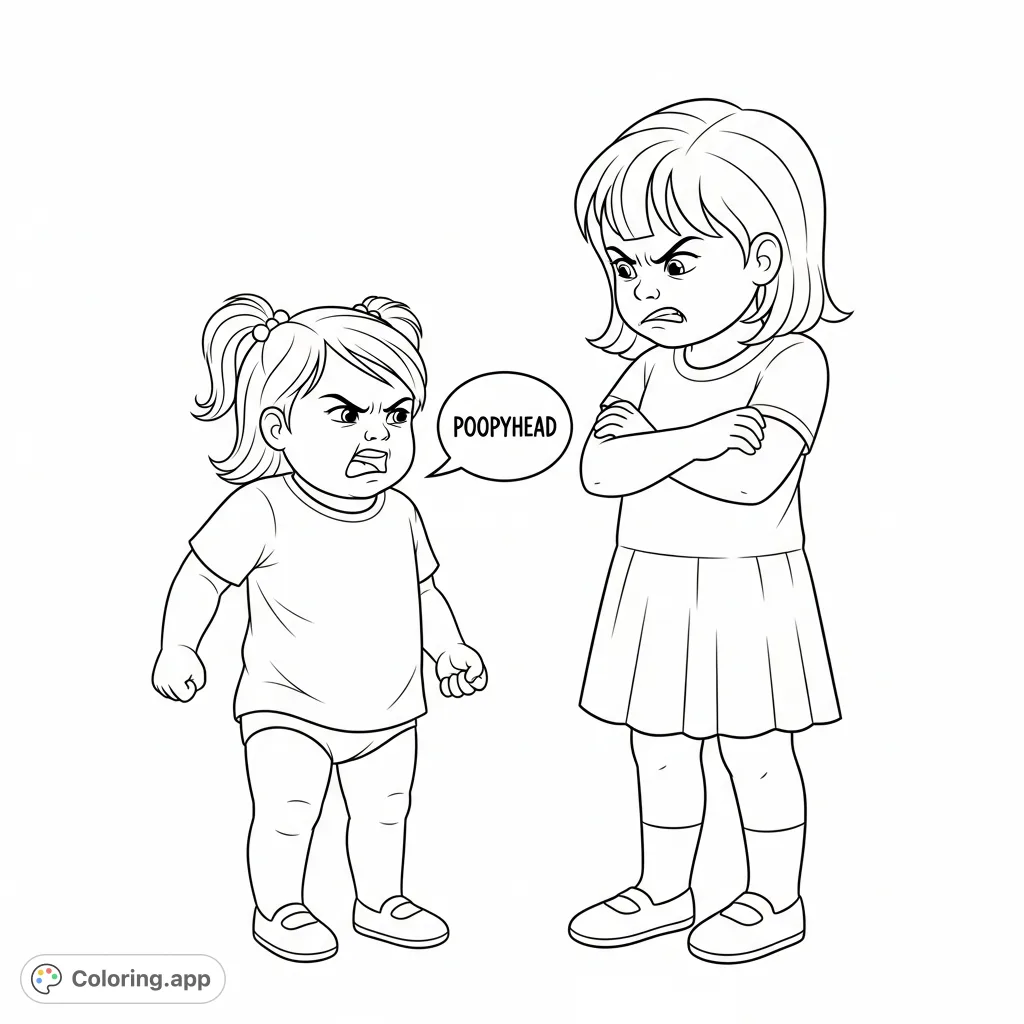 Depicting a tense moment between two sisters, with a two-year-old calling her five-year-old sister 'poopyhead' and both struggling to control their anger.