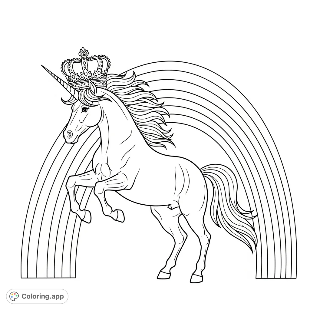 A magnificent unicorn, crowned and leaping gracefully across an arching rainbow. A whimsical fantasy scene for delightful coloring.
