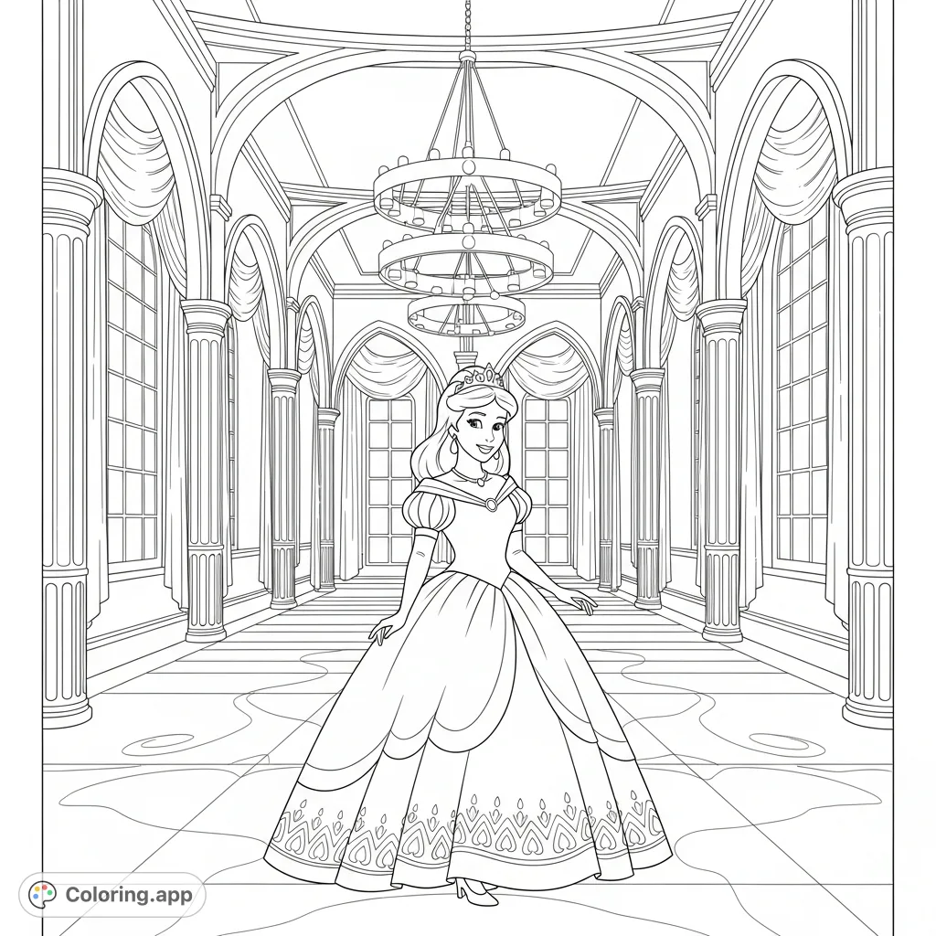 A beautiful princess stands in an opulent ballroom, featuring elegant drapes, ornate pillars, and a dazzling chandelier. Perfect for princess coloring page enthusiasts.
