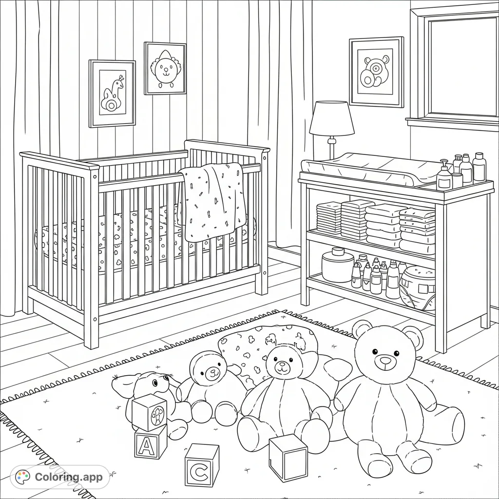 Explore a detailed nursery scene featuring a crib, changing table with oversized diapers, and a playful area with plush toys. Perfect for adults.