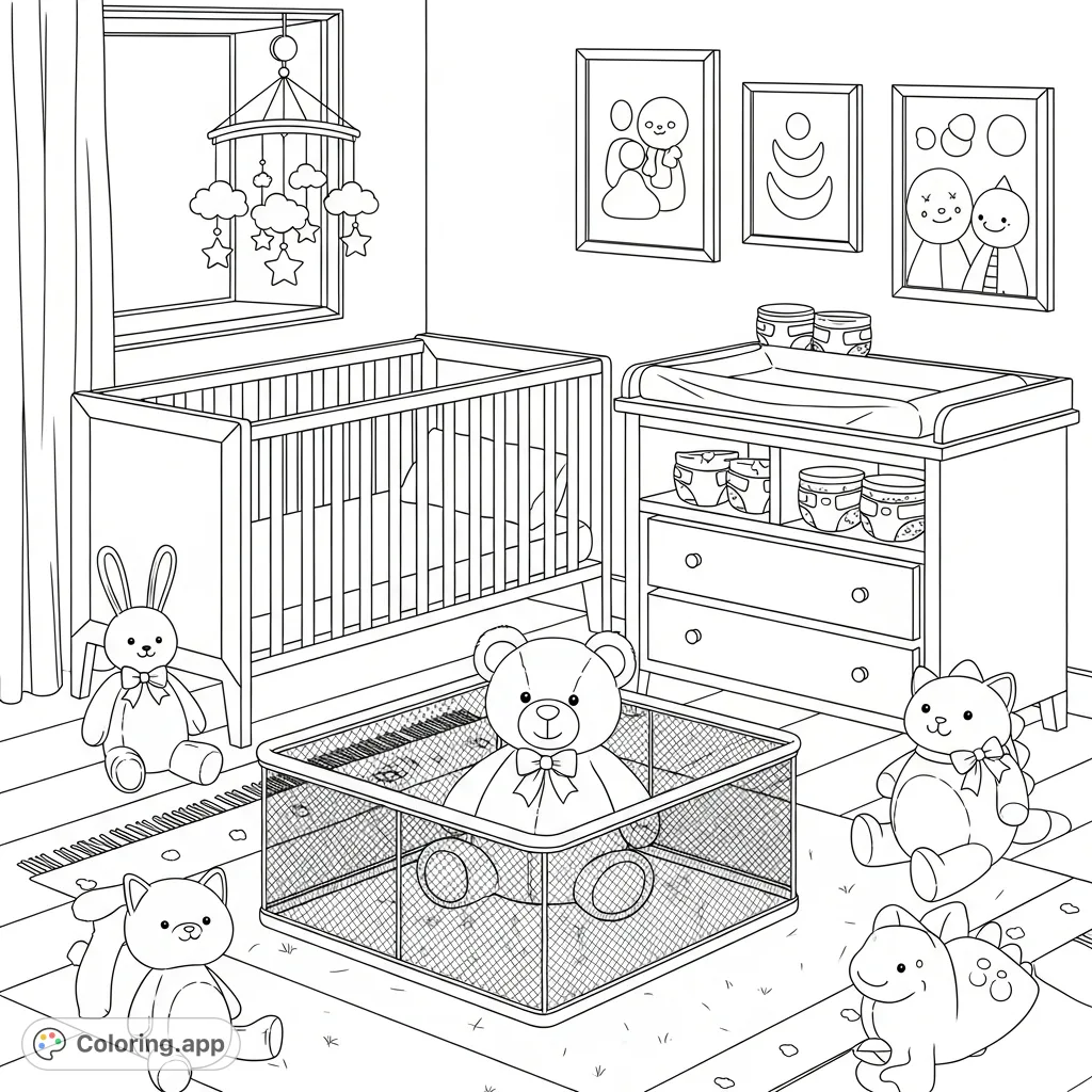 Step into a detailed ABDL nursery, complete with a cozy crib, a functional changing table, a spacious playpen, abundant diapers, and numerous cuddly stuffed animals.