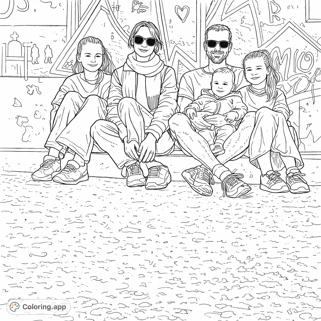 A joyful family of five seated before a vibrant graffiti wall. Perfect for expressing family bonds and urban artistry in a unique coloring experience.
