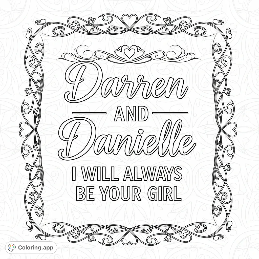 An elegant and romantic coloring page featuring the names "Darren and Danielle" with the heartfelt quote "I will always be your girl," adorned with classy flourishes and heart motifs.