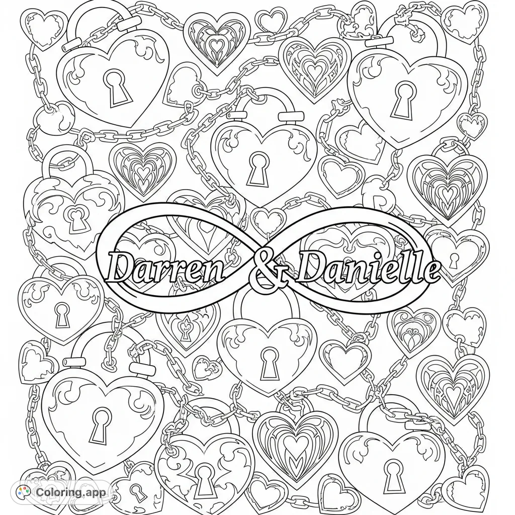 An intricate love-themed coloring page featuring the names Darren and Danielle intertwined with an infinity symbol, surrounded by a dense pattern of heart locks and Gothic-inspired hearts.