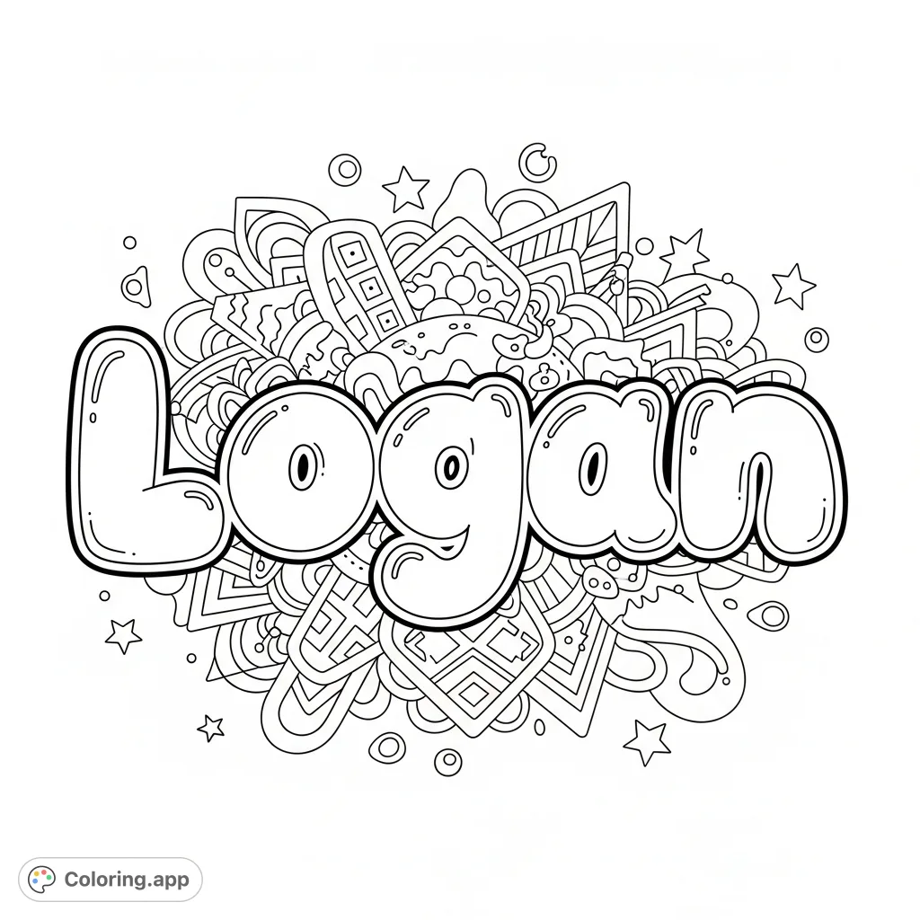 Discover the fun of coloring "logan" in playful bubble letters, set against a backdrop of dynamic abstract art, perfect for personalization and creativity.
