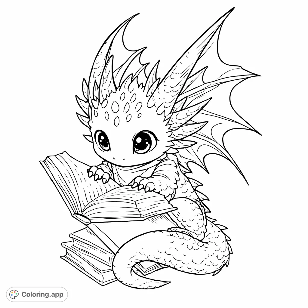 An adorable baby dragon creature engrossed in reading a book. This charming coloring page is perfect for fantasy enthusiasts and encourages a love for learning.