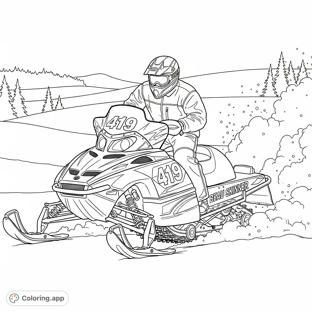 Experience the thrill of winter sports with this detailed Beau Skinner snowmobile coloring page, featuring number 419 in dynamic, snowy action.