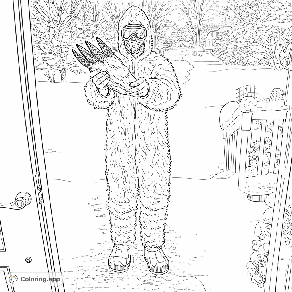 A mysterious yeti-like creature stands in a vast snowy landscape, holding its formidable clawed gloves. A fun winter monster coloring page for all ages.