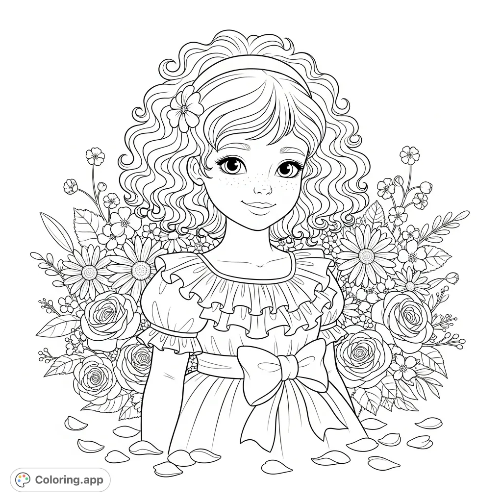 A delightful coloring page featuring a kawaii-style girl with voluminous curly hair amidst a charming floral background, perfect for creative expression.