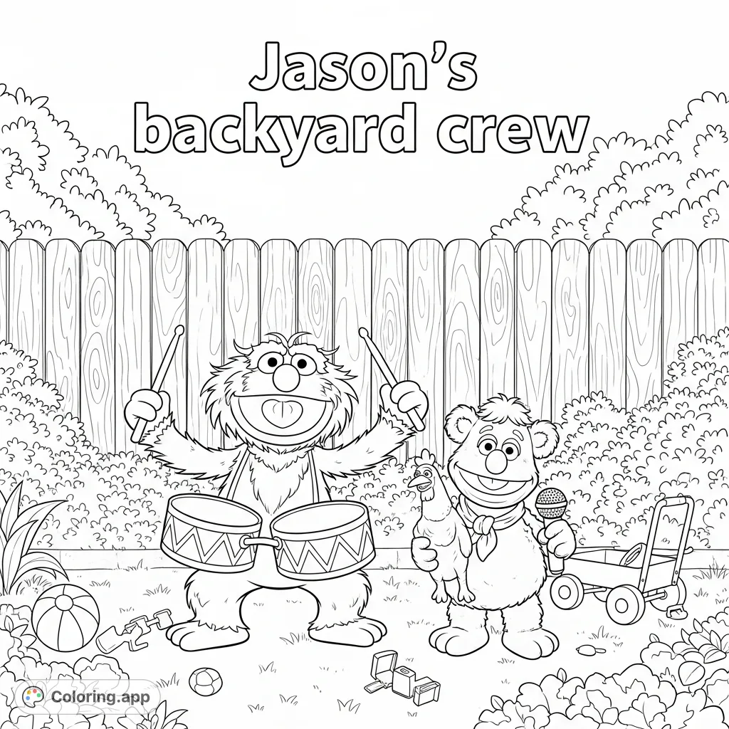 Join Muppet Babies Animal and Fozzie Bear for backyard fun! This free printable coloring page features the playful duo with "Jason's backyard crew" text.