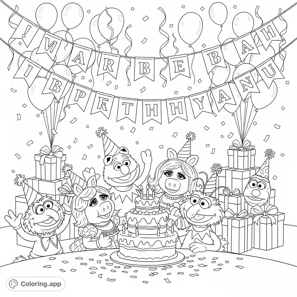 Join the Muppet Babies for a fun-filled birthday party! This festive coloring page features Kermit, Miss Piggy, and friends, cake, balloons, and presents.
