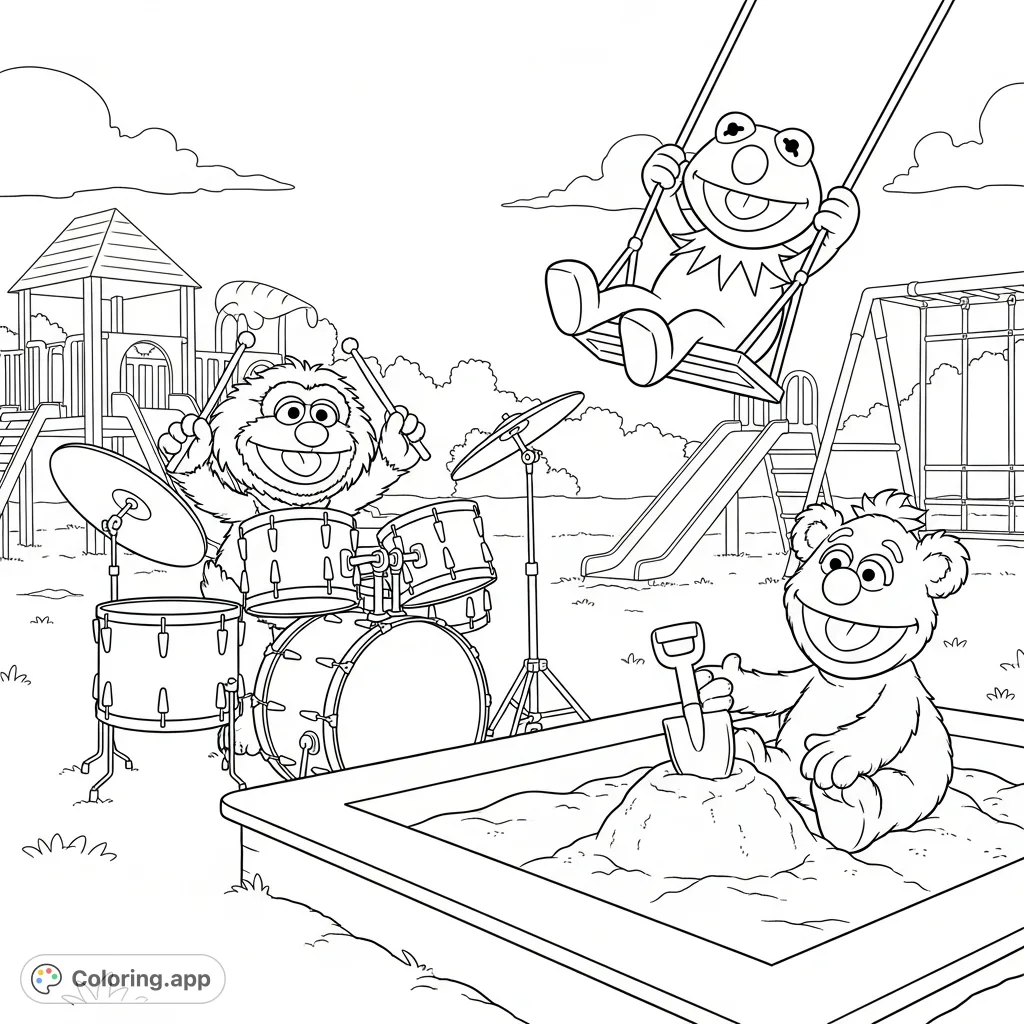 Join Muppet Babies Animal, Fozzie, and Kermit on a joyful playground adventure! A delightful free printable Muppet Babies coloring page for endless fun.