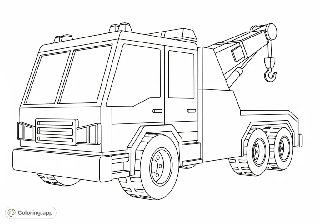 Color a fun, blocky Roblox tow truck! This free printable coloring page features a detailed vehicle with its crane and hook, perfect for game fans.