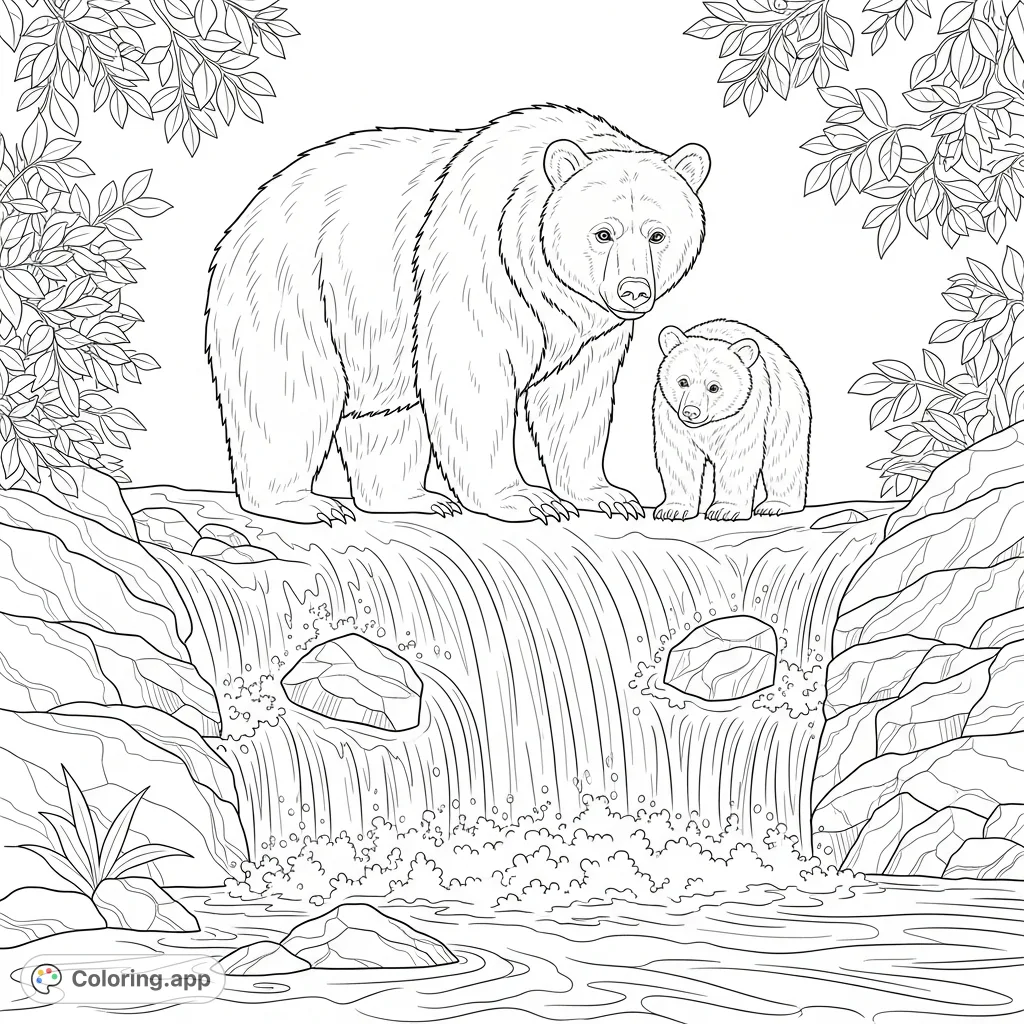 Discover a detailed wilderness coloring page featuring a majestic bear and its curious cub standing by a powerful, cascading waterfall amidst rich foliage.