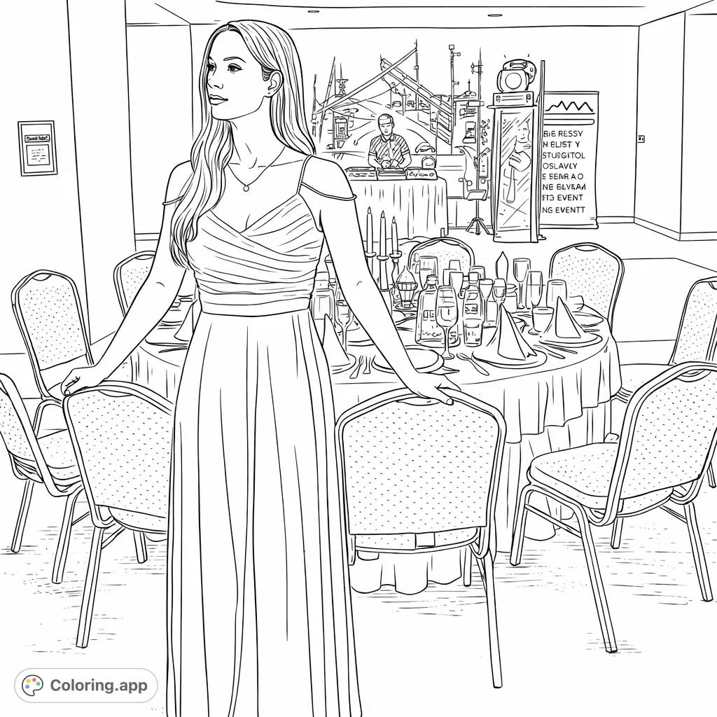 An elegant woman in a flowing gown stands amidst a sophisticated event space, surrounded by intricately set dining tables and a lively DJ setup. A graceful scene for adult colorists.