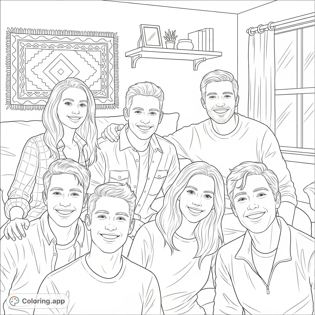 A delightful scene of friends smiling and laughing together inside a cozy house. Capture the warmth of friendship with this engaging friends coloring page.