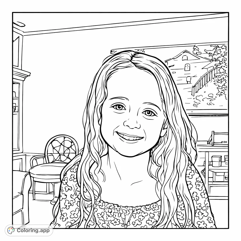 A joyful young girl with a missing tooth smiles, set against a cozy interior featuring a patterned top and a distant house image on a screen.