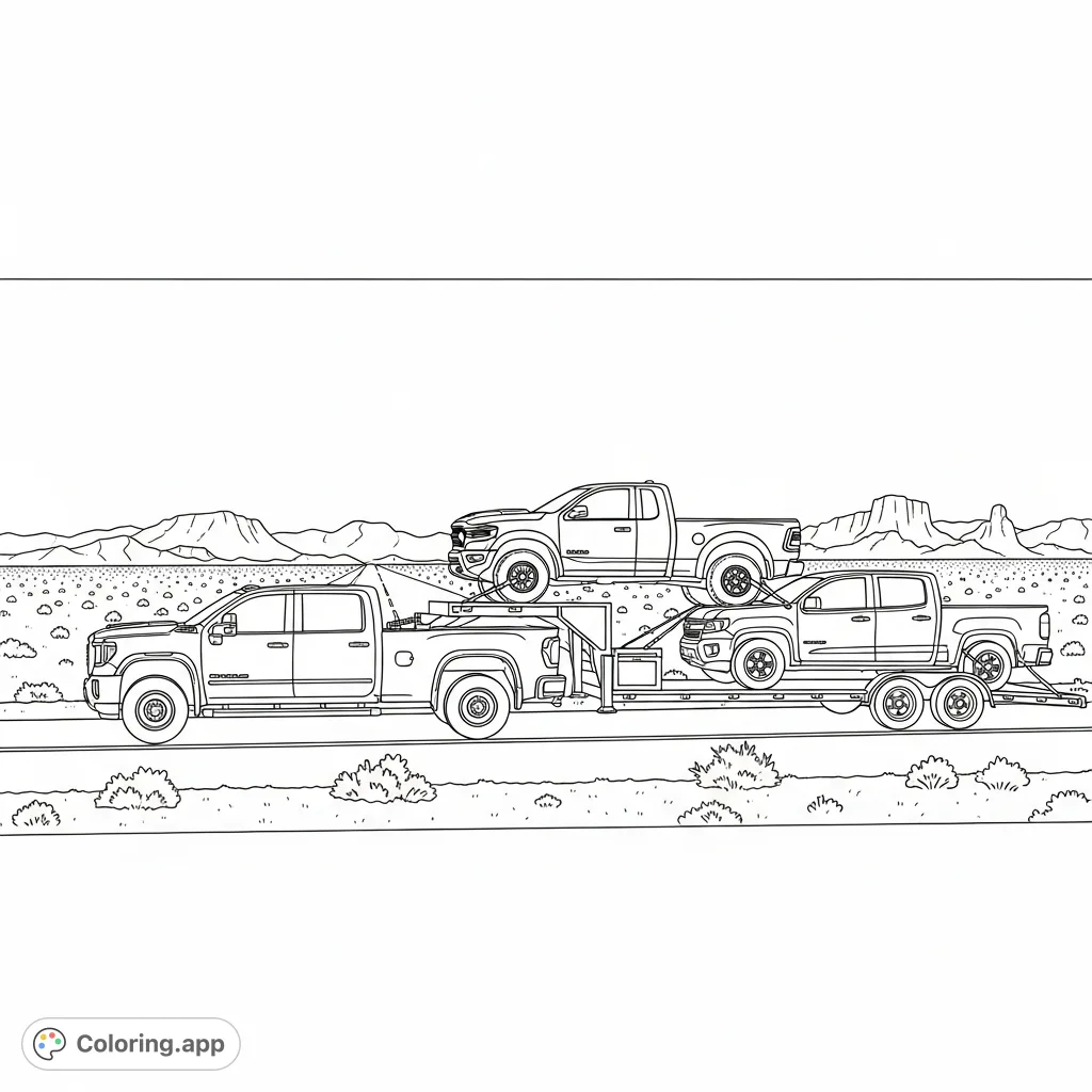 A powerful GMC dually transports a Ram TRX, Ford Raptor, and Chevy Colorado on a robust gooseneck trailer across a vast desert highway under a clear sky. A dynamic truck convoy scene.