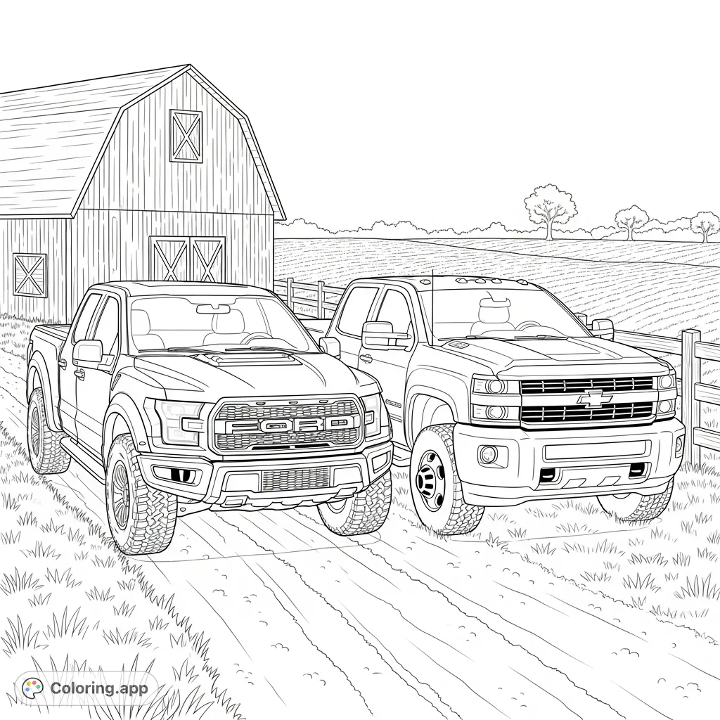 Depicting a robust Ford Raptor and a powerful Chevy Duramax parked at a rustic farm, this coloring page offers a detailed scene for vehicle and farm enthusiasts.