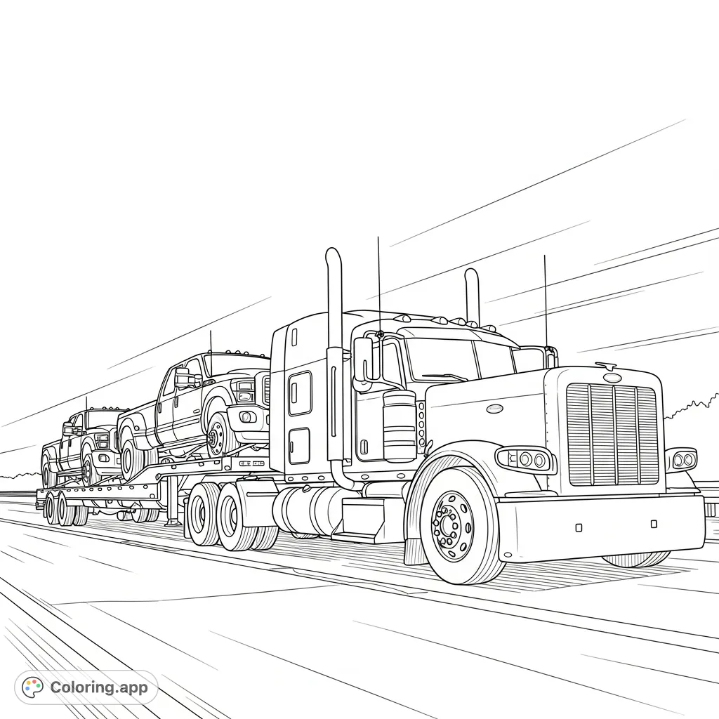 A detailed coloring page featuring a Peterbilt 379 towing a semi-trailer loaded with a Ford F450 dually and a Chevrolet 4500 dually.