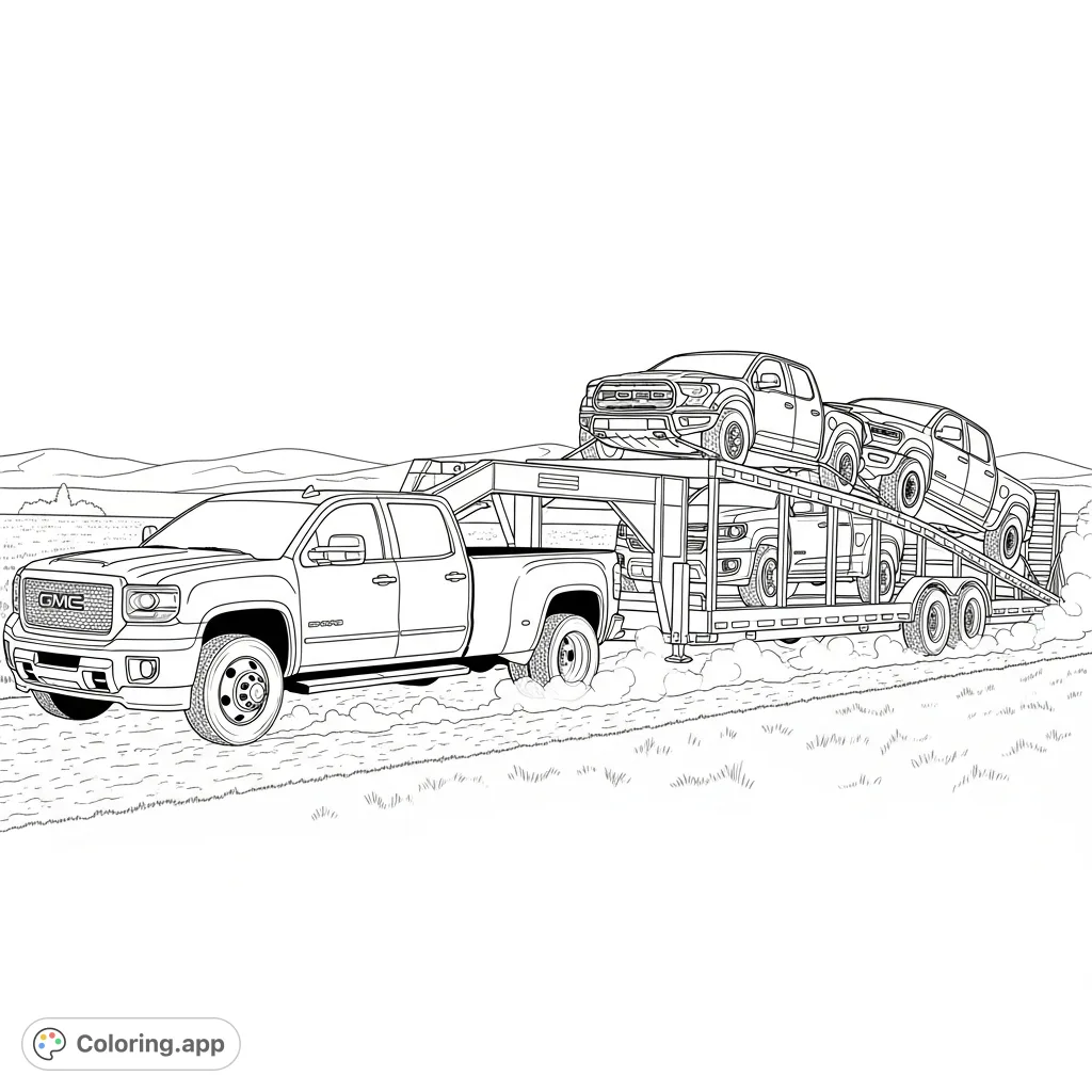 Unleash your creativity with this detailed trucks and trailers coloring page, featuring a GMC dually, gooseneck trailer, Ford Raptor, Chevy Colorado, and Ram TRX.