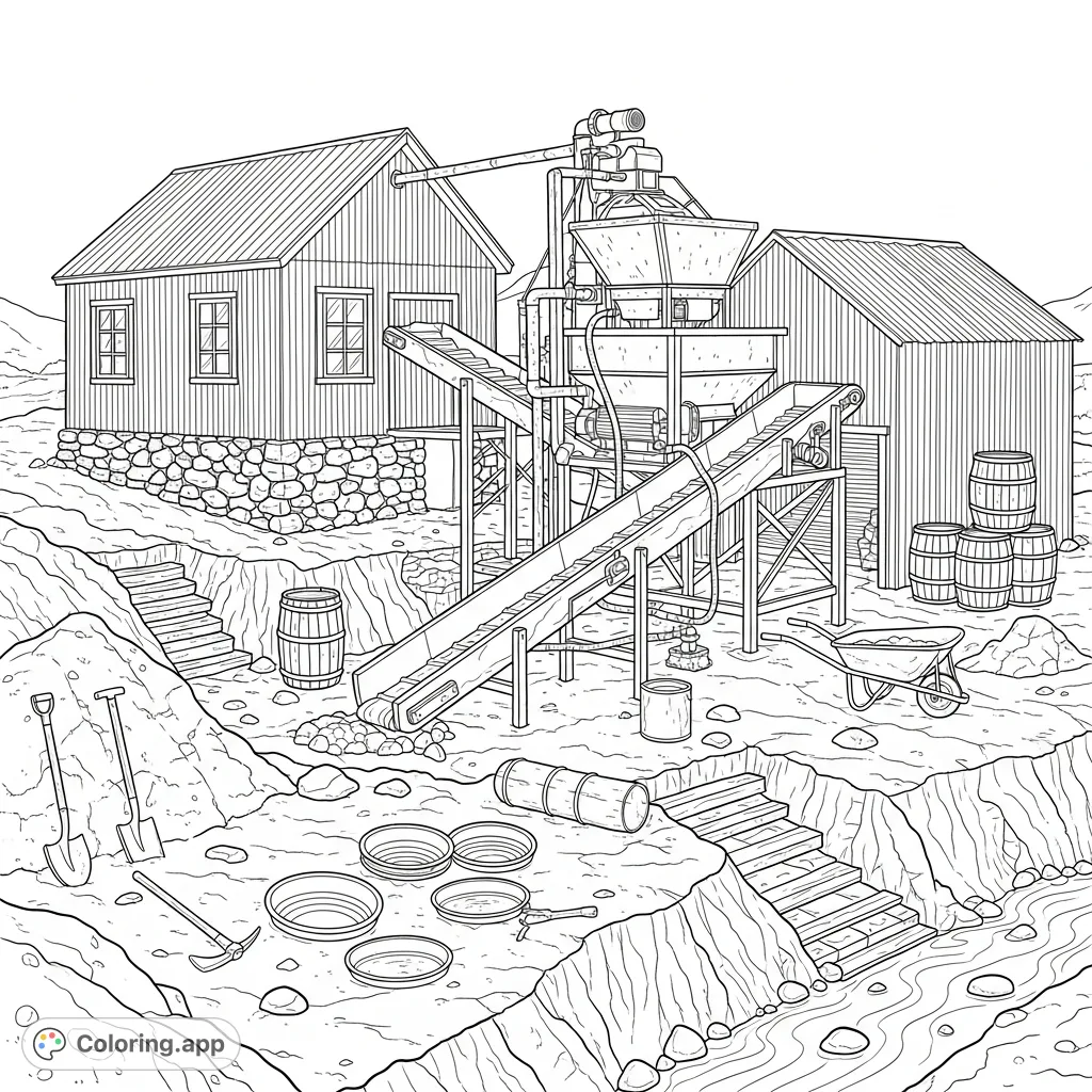 Explore a detailed gold mining camp featuring rustic buildings, a wash plant, and classic equipment amidst a rugged landscape. Perfect for history and adventure.