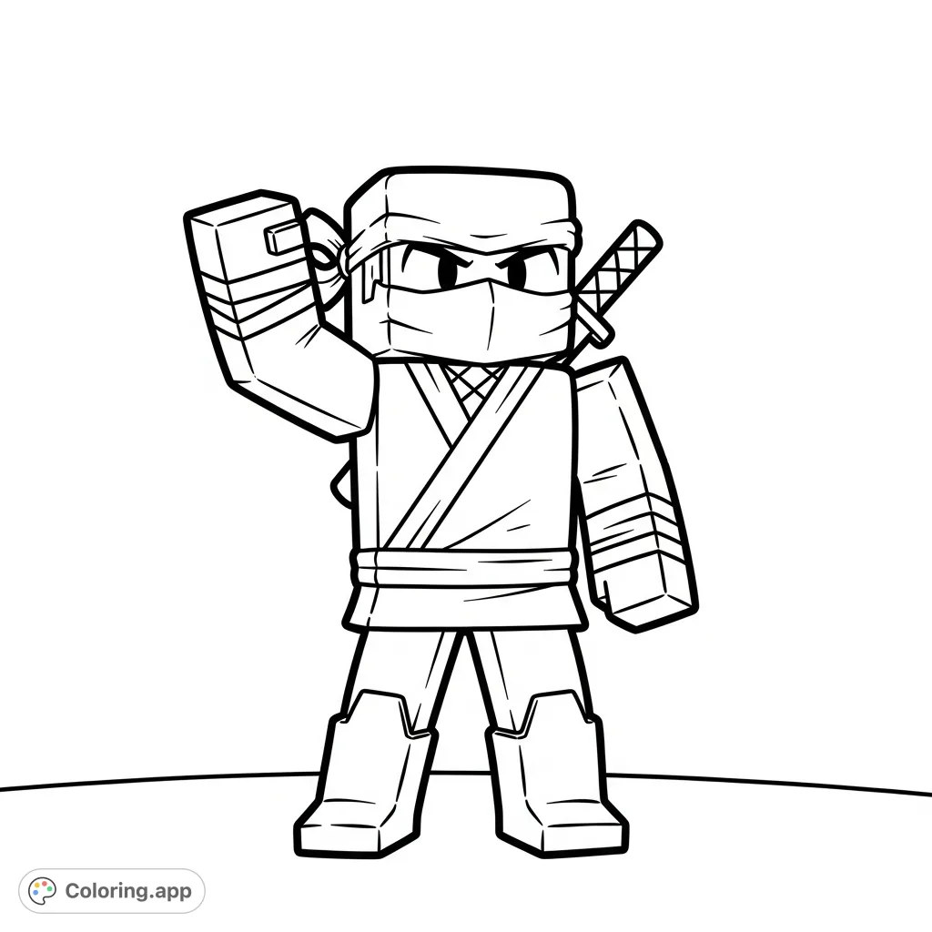 A fun, block-style ninja character with geometric shapes and a dynamic pose, perfect for a printable coloring adventure. Engage in creative play!