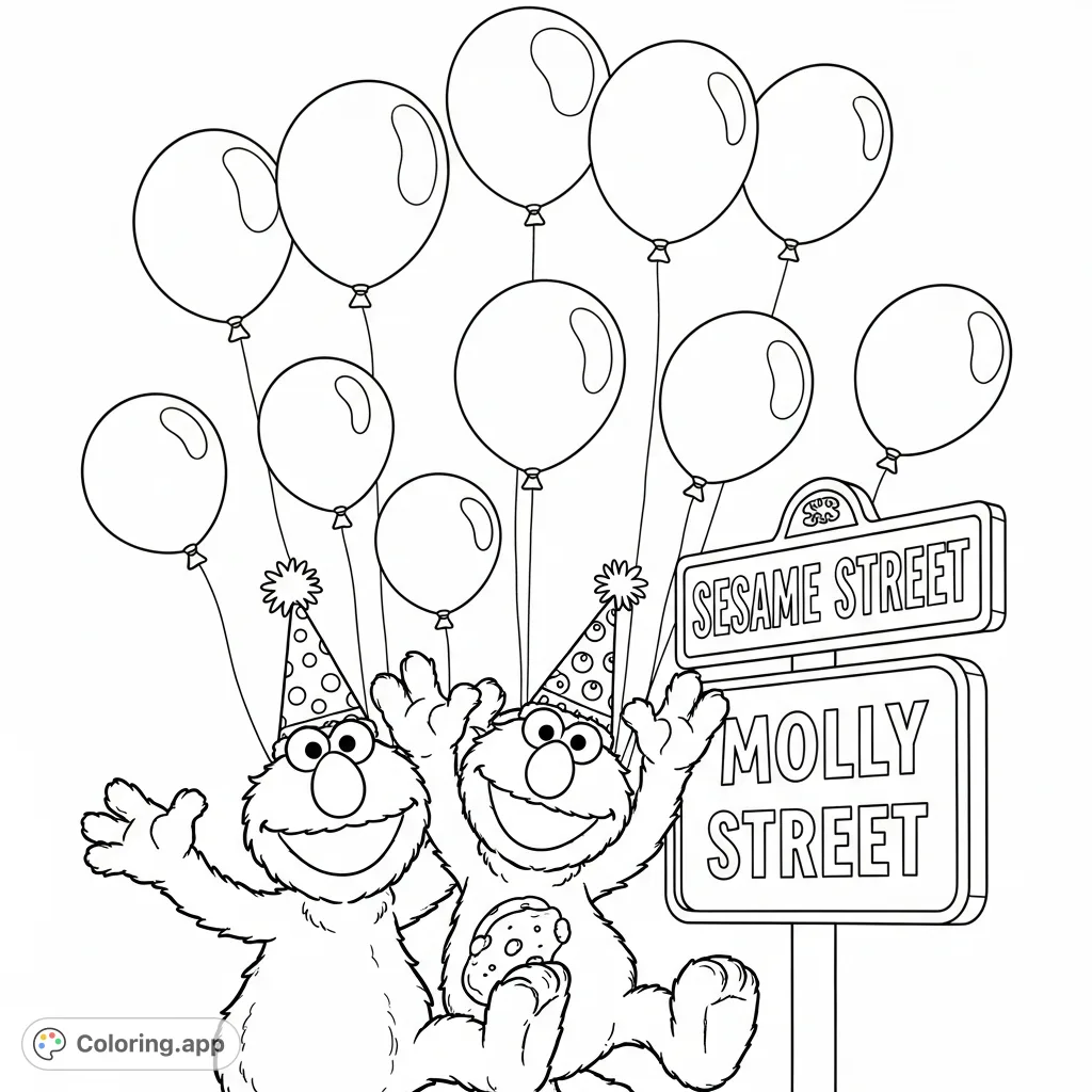 Join Elmo and Cookie Monster celebrating with party hats, balloons, and a special "Molly street" sign. A joyful Sesame Street coloring page for endless fun!