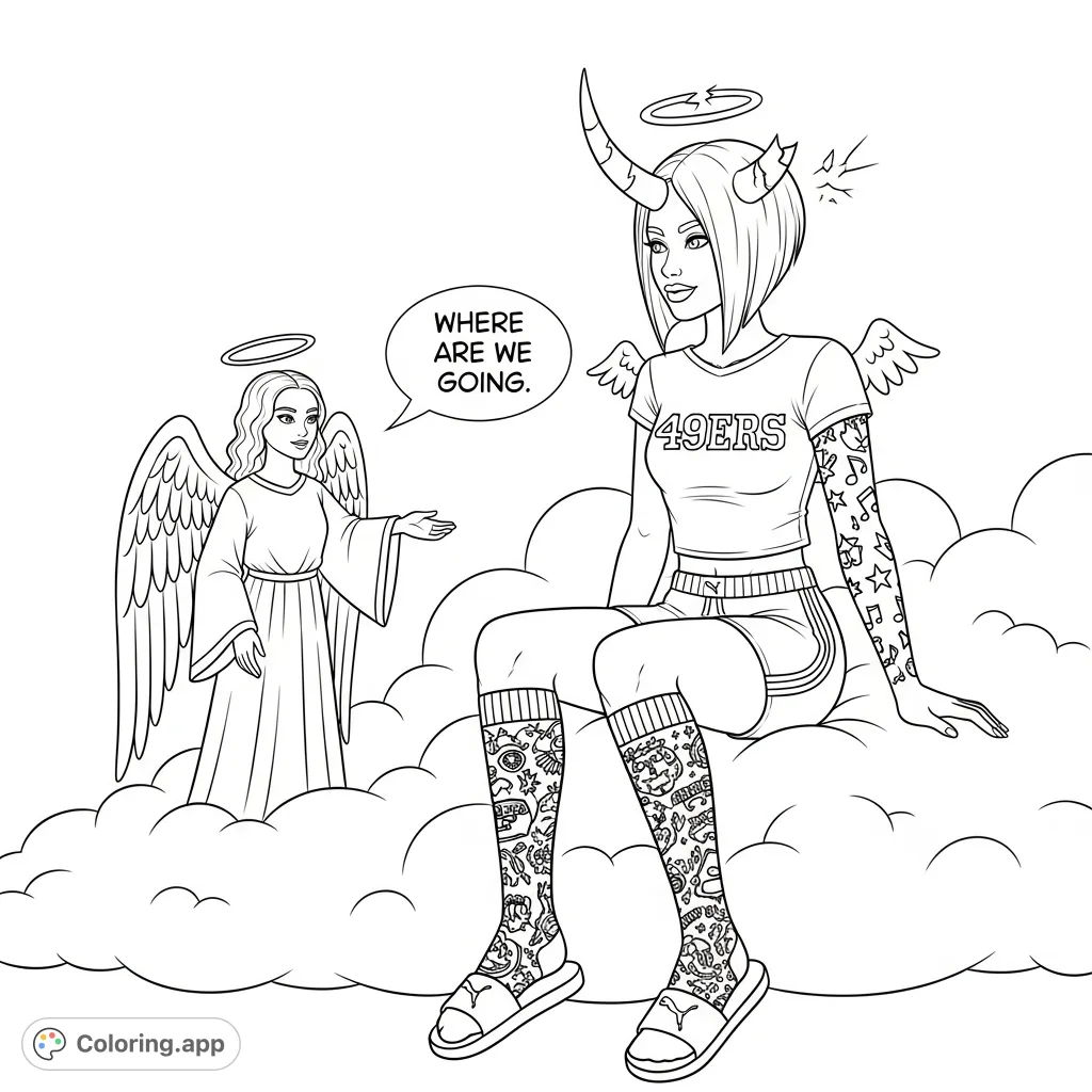 Join Nicole, with her unique horns, tattoos, and stylish outfit, as she embarks on a mysterious journey guided by an angel across the clouds.