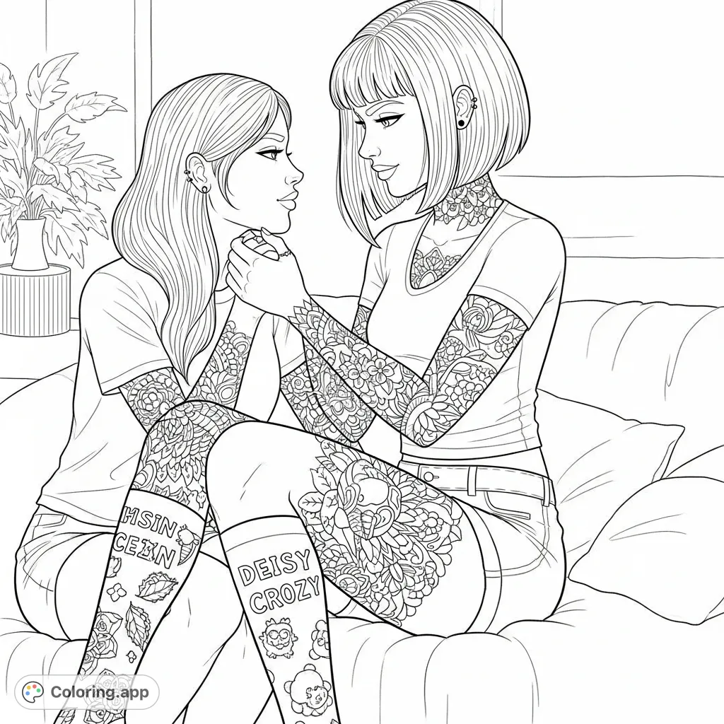 A heartfelt coloring page featuring Nicole and her girlfriend on a romantic date, showcasing intricate tattoos, unique style, and an intimate moment.