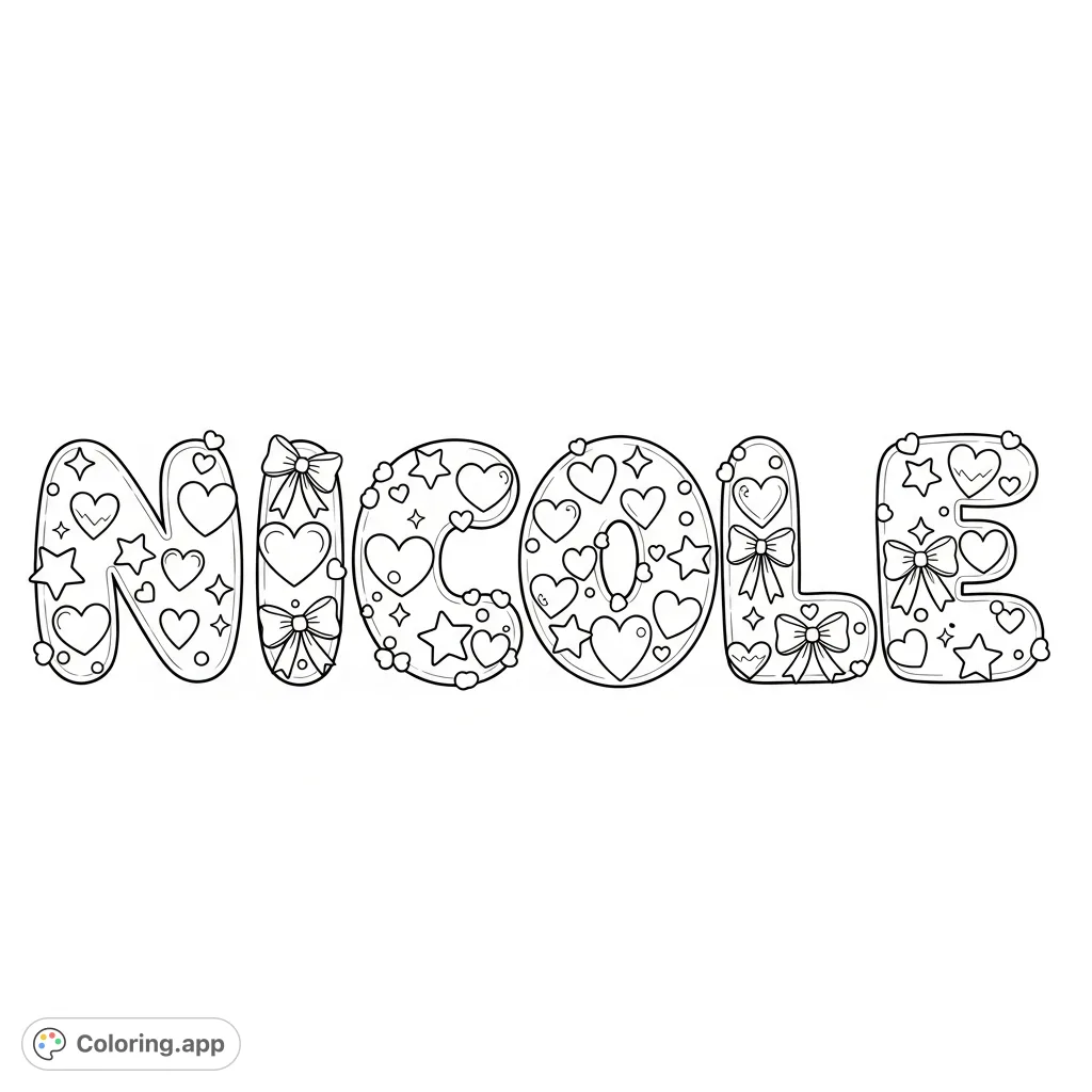 Discover a charming "Nicole" coloring page featuring prominent bubble letters filled with intricate hearts, ribbon bows, and sparkling stars.