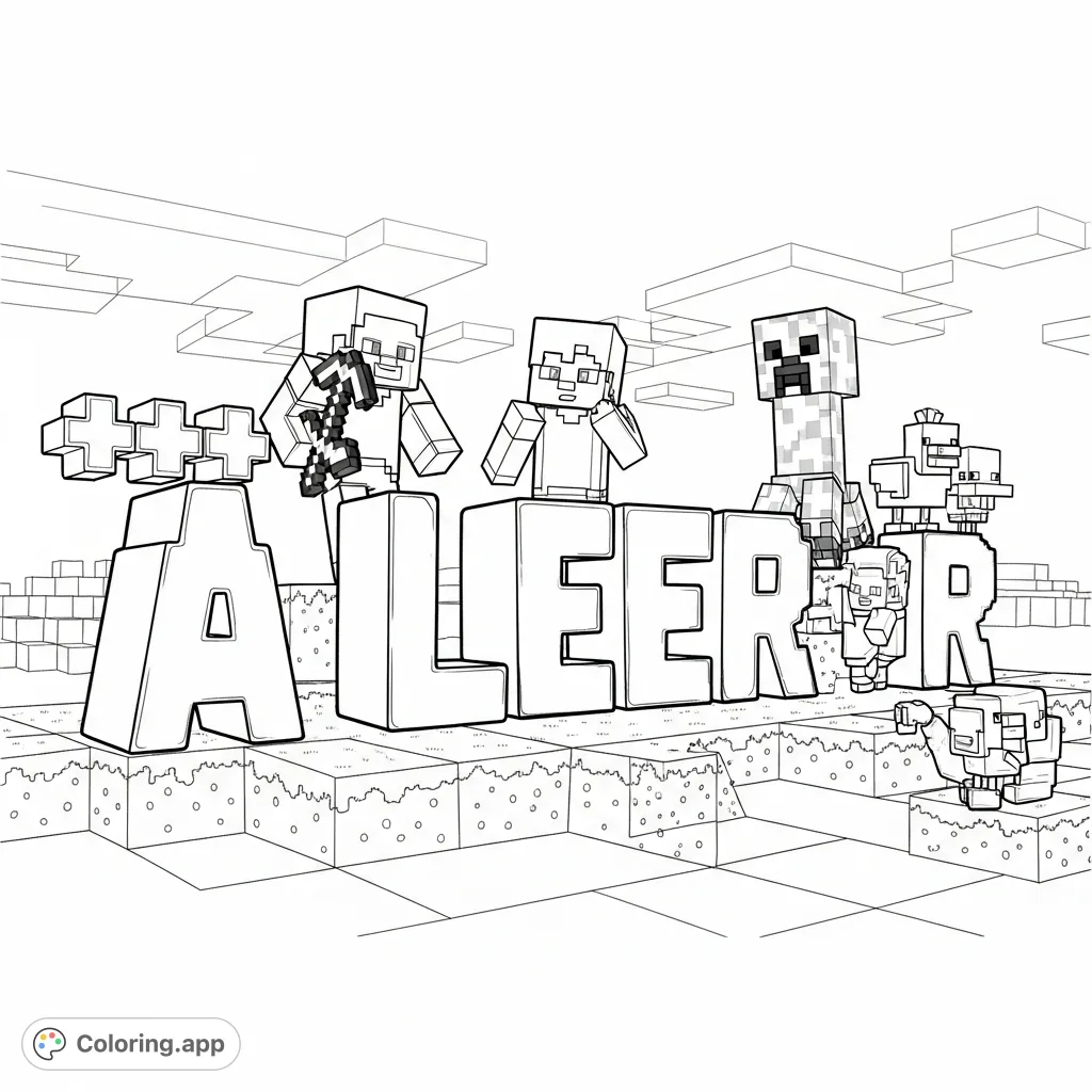 Color "A LEER" in pixelated block letters with iconic Minecraft characters like Steve, Alex, and a Creeper in a blocky landscape. A fun, free printable coloring page!