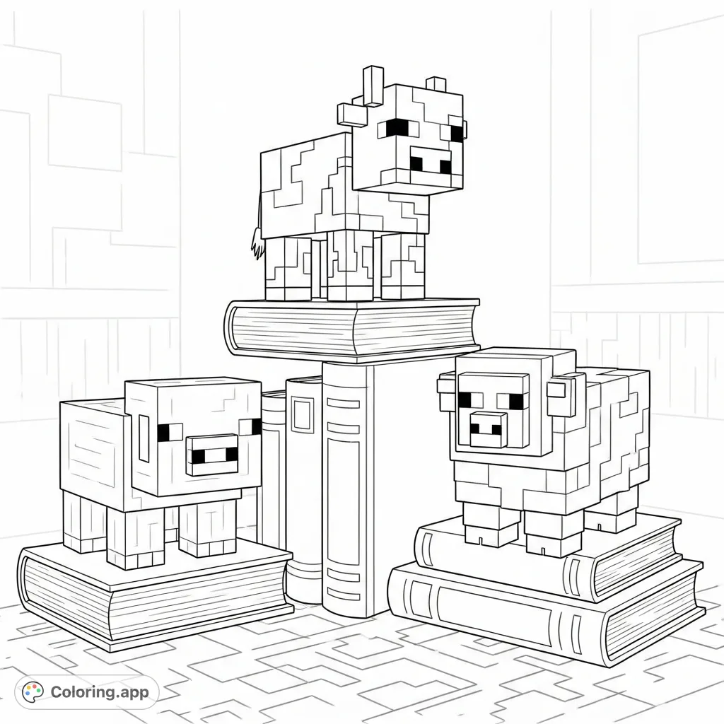 A delightful Minecraft coloring page featuring iconic blocky animals perched atop tall stacks of books, perfect for young fans. Discover blocky buddies on books!