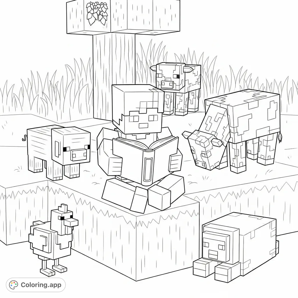 A blocky Minecraft character enjoys a book, surrounded by beloved Minecraft animals like a pig, cow, chicken, and sheep in a charming, block-filled world.