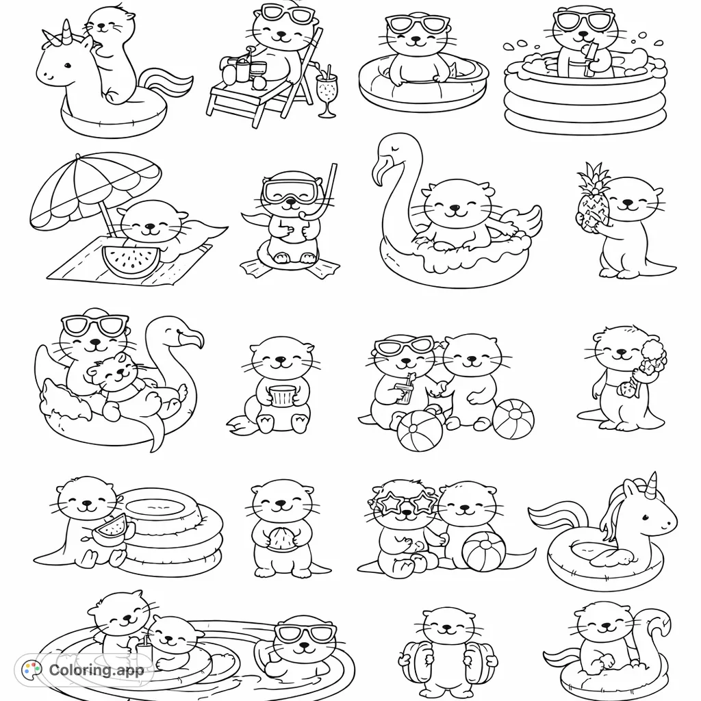 Dive into summer with this delightful collection of adorable otters enjoying various sunny activities, from floating to feasting on treats!