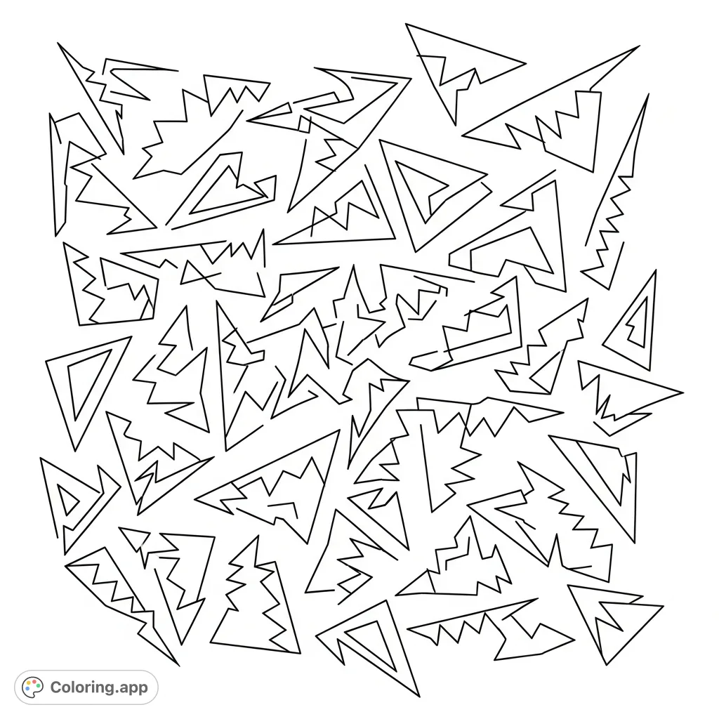 Explore a dynamic abstract composition of scattered sharp geometric shapes with intricate zigzag edges, offering a stimulating mosaic for creative expression.