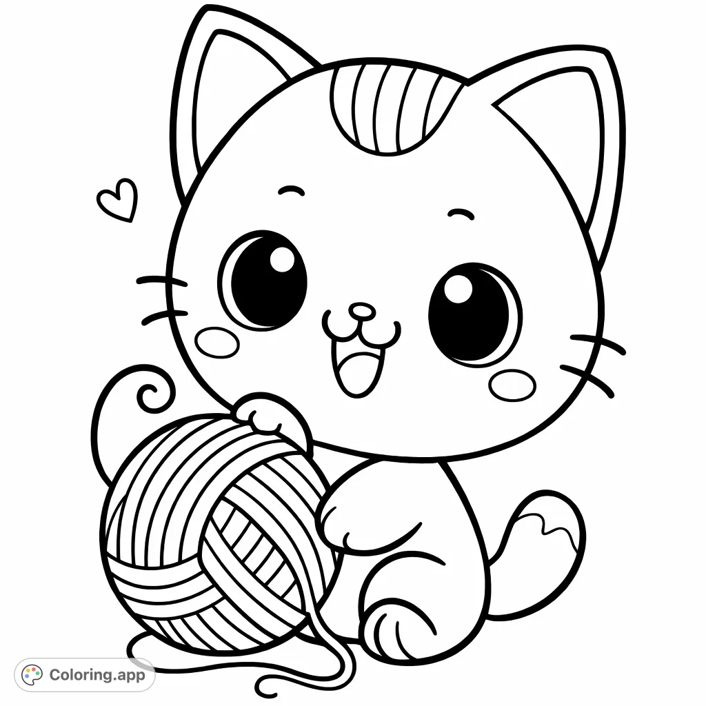 An adorable cartoon kitten happily playing with a large ball of yarn. A delightful and simple design perfect for young colorists and quick creative breaks.