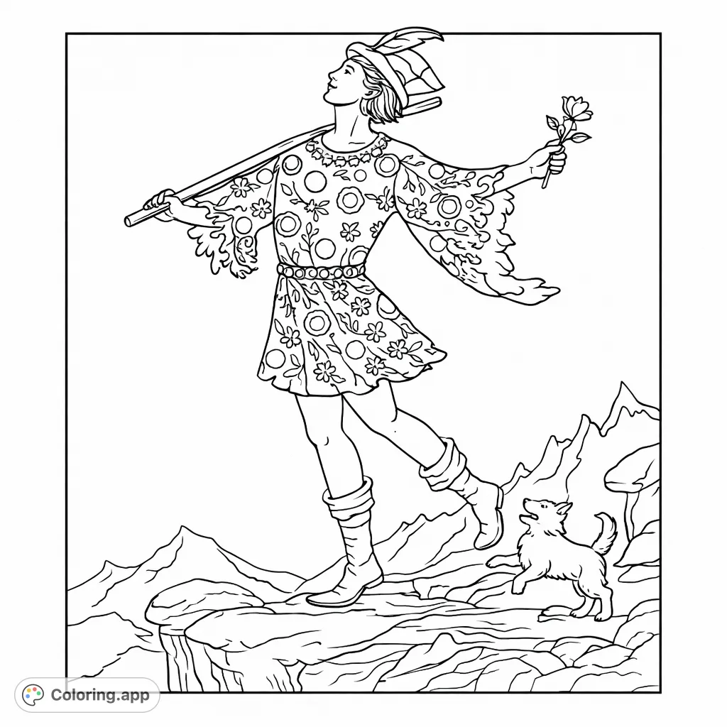 Embark on a symbolic journey! A dynamic figure with a canine companion begins an adventure, depicted with intricate patterns and symbolic elements.